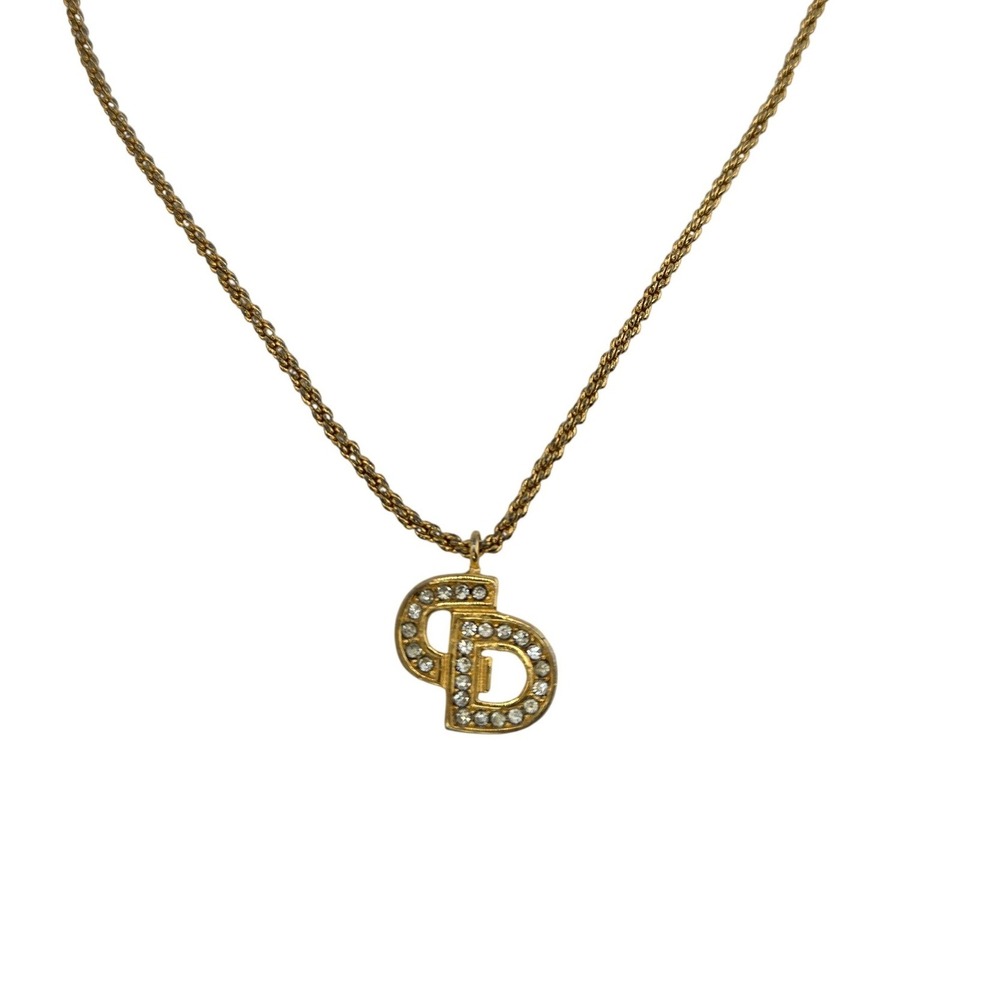 Christian Dior Vintage CD Logo Rhinestone Pendant Necklace Gold Tone Rope Chain